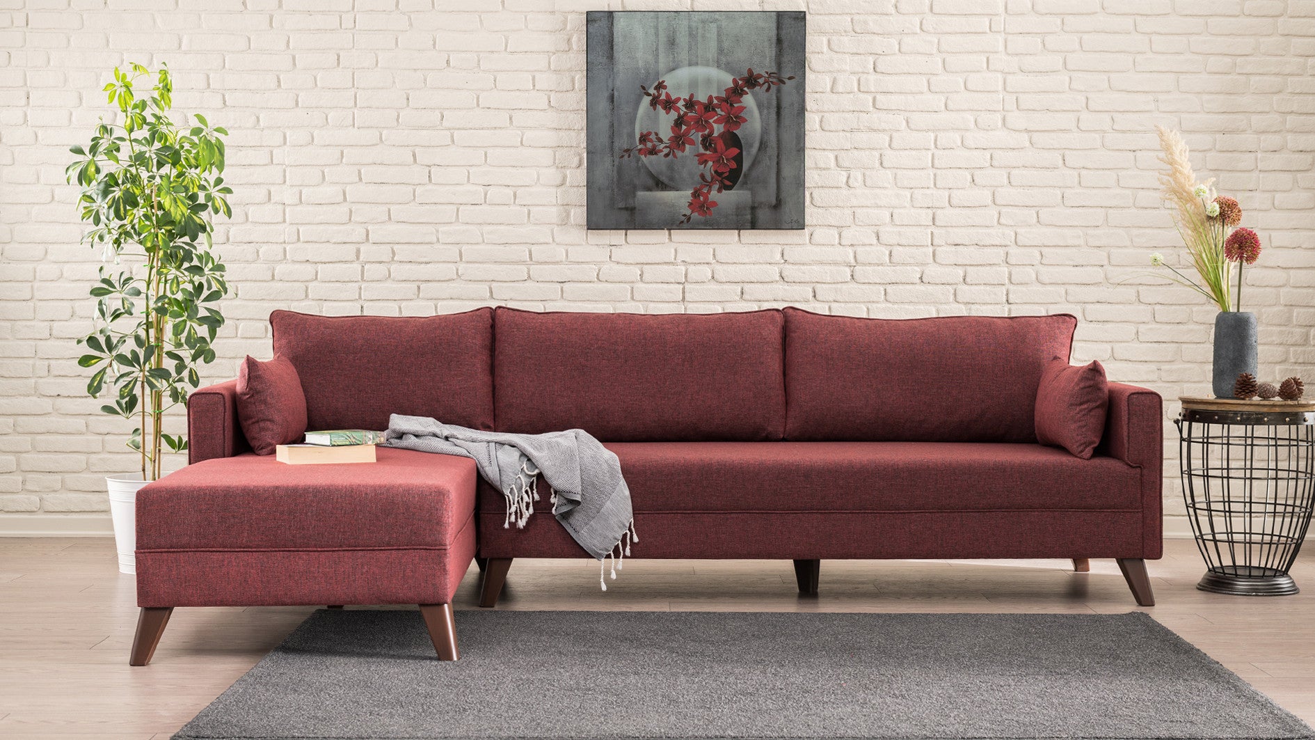 Sofá de Canto Claret Red, 275 cm | 100% poliéster, espuma 28 DNS, fácil de limpar | Elegante e confortável para salas de estar modernas, estrutura de madeira/MDF durável
