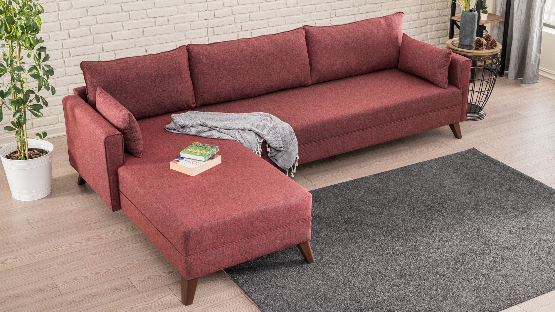Sofá de Canto Claret Red, 275 cm | 100% poliéster, espuma 28 DNS, fácil de limpar | Elegante e confortável para salas de estar modernas, estrutura de madeira/MDF durável