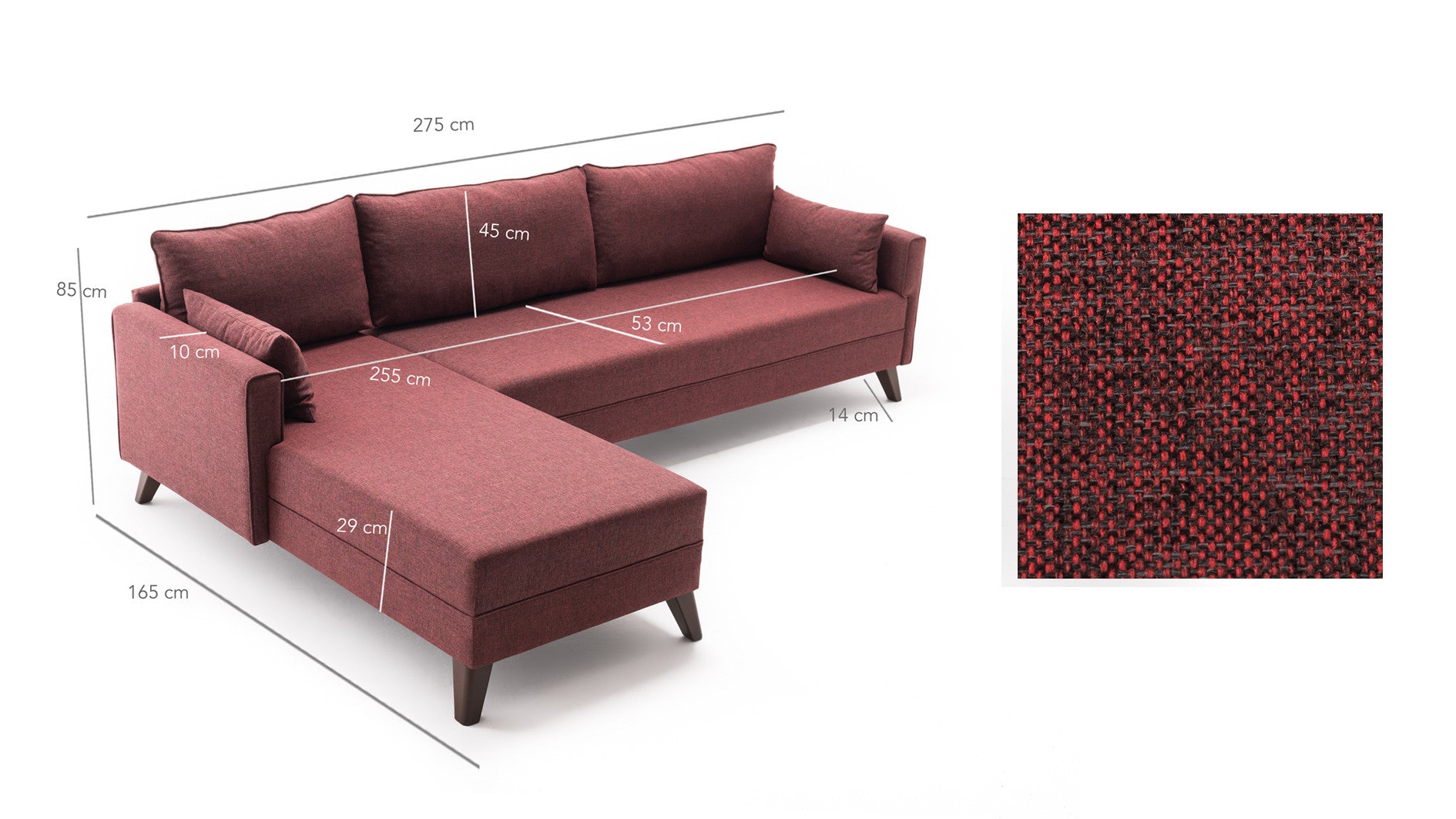 Sofá de Canto Claret Red, 275 cm | 100% poliéster, espuma 28 DNS, fácil de limpar | Elegante e confortável para salas de estar modernas, estrutura de madeira/MDF durável
