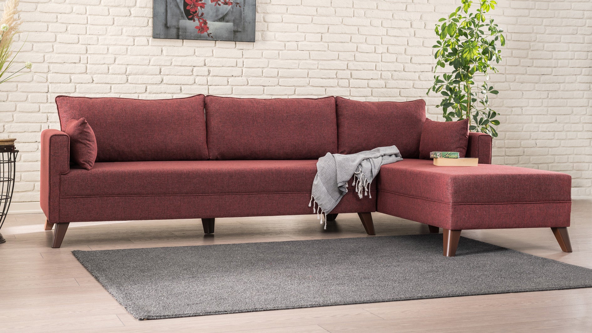 Sofá de Canto Claret Red, 275 cm | 100% poliéster, espuma 28 DNS, fácil de limpar | Elegante e confortável para salas de estar modernas, estrutura de madeira/MDF durável