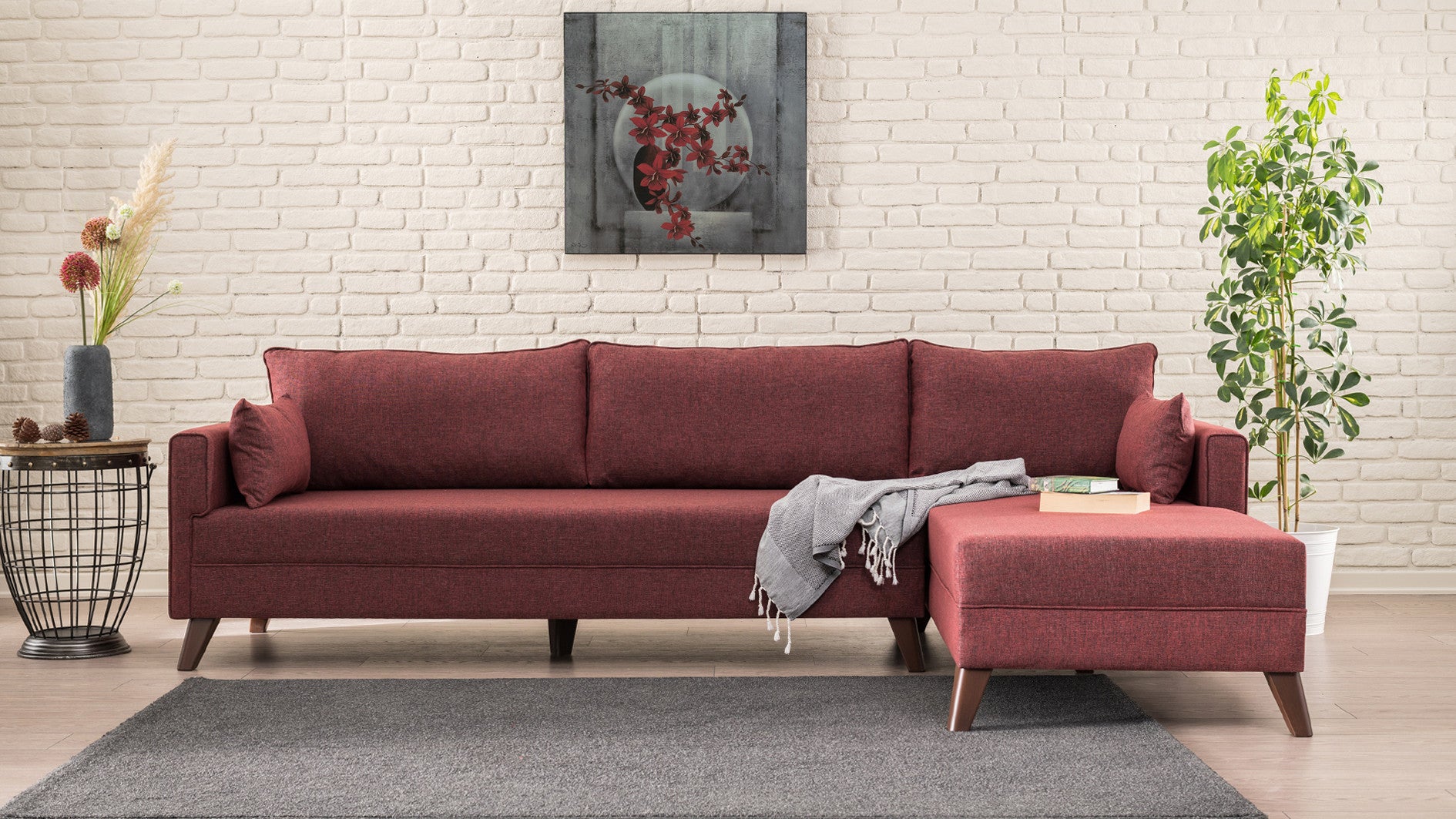 Sofá de Canto Claret Red, 275 cm | 100% poliéster, espuma 28 DNS, fácil de limpar | Elegante e confortável para salas de estar modernas, estrutura de madeira/MDF durável