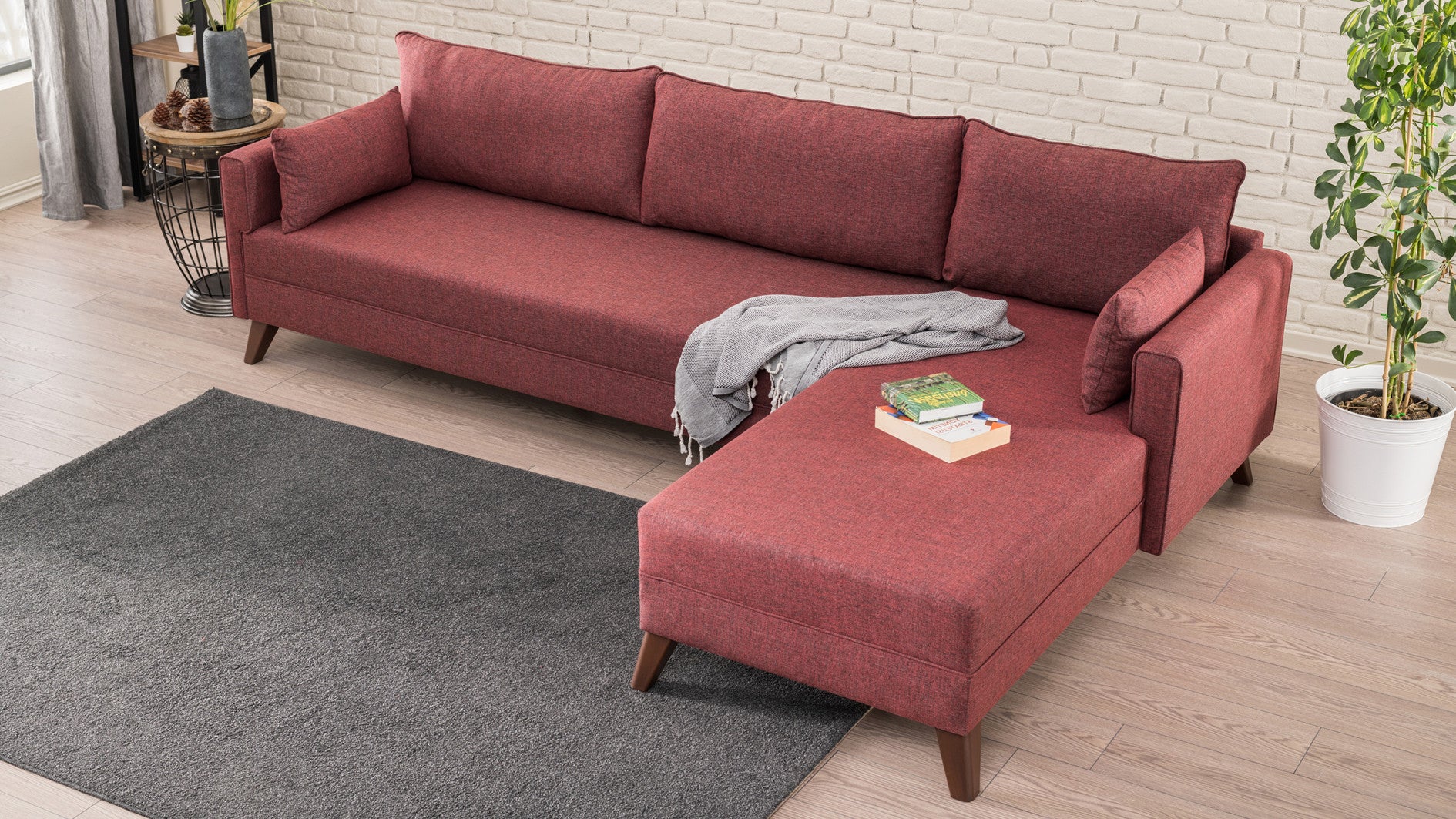 Sofá de Canto Claret Red, 275 cm | 100% poliéster, espuma 28 DNS, fácil de limpar | Elegante e confortável para salas de estar modernas, estrutura de madeira/MDF durável