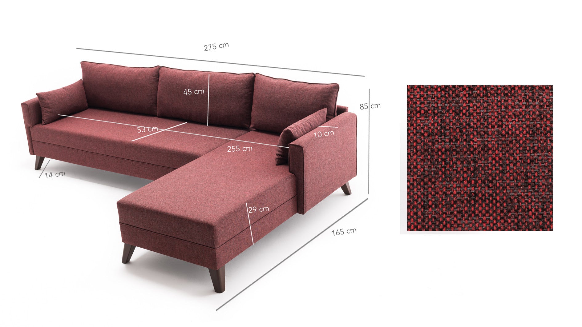 Sofá de Canto Claret Red, 275 cm | 100% poliéster, espuma 28 DNS, fácil de limpar | Elegante e confortável para salas de estar modernas, estrutura de madeira/MDF durável