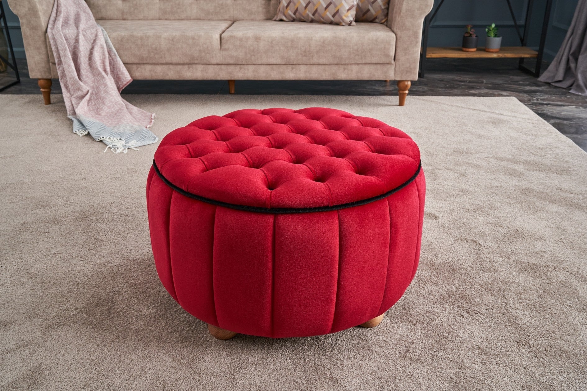Elegante pufe vermelho, 65 x 42 x 65 cm | 100% poliéster e veludo, estrutura de madeira resistente | Perfeito para decoração moderna e tradicional