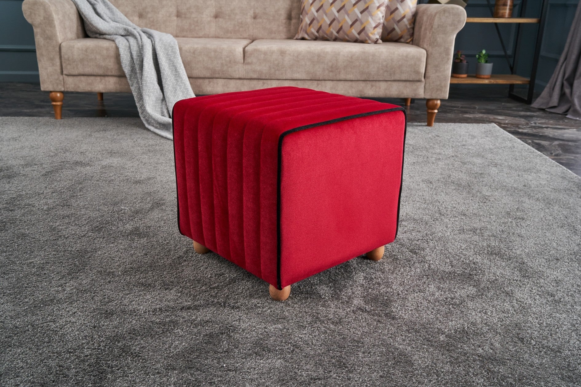 Elegante pufe vermelho, 40 x 40 x 40 cm | 100% poliéster e veludo, estrutura de madeira resistente | Uma adição elegante a salas de estar e quartos modernos
