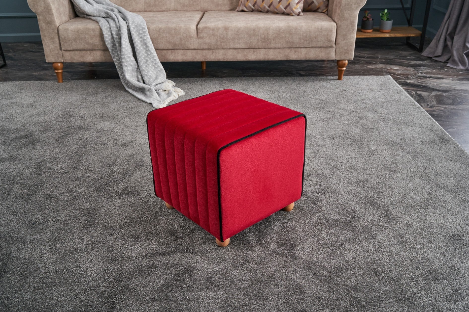 Elegante pufe vermelho, 40 x 40 x 40 cm | 100% poliéster e veludo, estrutura de madeira resistente | Uma adição elegante a salas de estar e quartos modernos