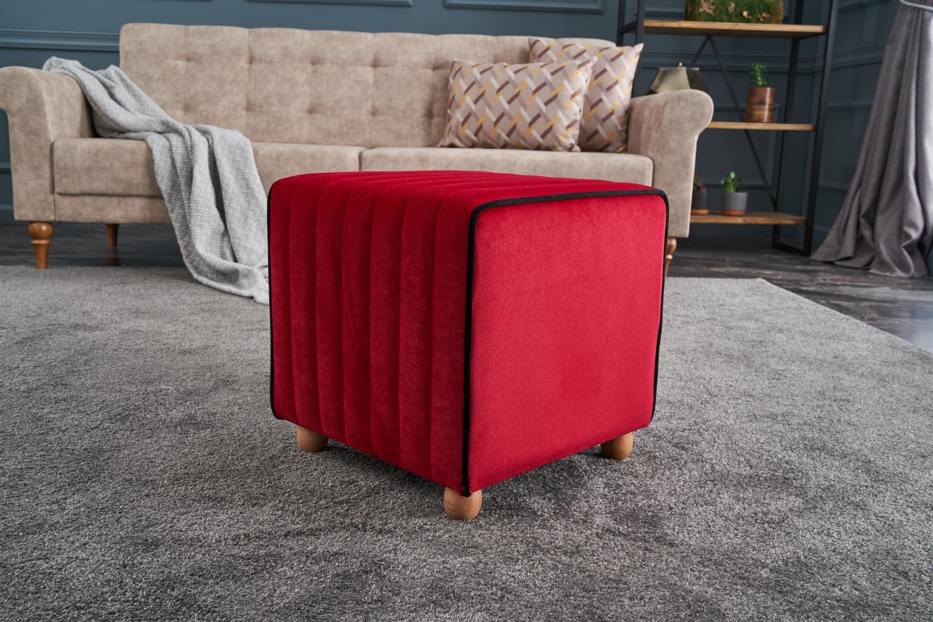 Elegante pufe vermelho, 40 x 40 x 40 cm | 100% poliéster e veludo, estrutura de madeira resistente | Uma adição elegante a salas de estar e quartos modernos
