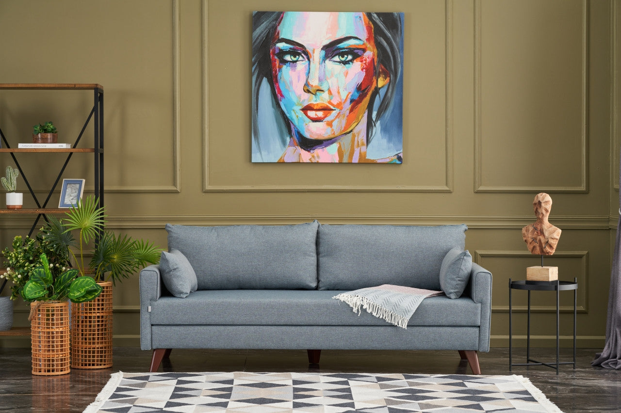 Sofá moderno de 3 lugares, azul, 208 cm | Estrutura em formato de árvore de abeto, 100% poliéster, tecido fácil de limpar | Design escandinavo elegante para residências e hotéis