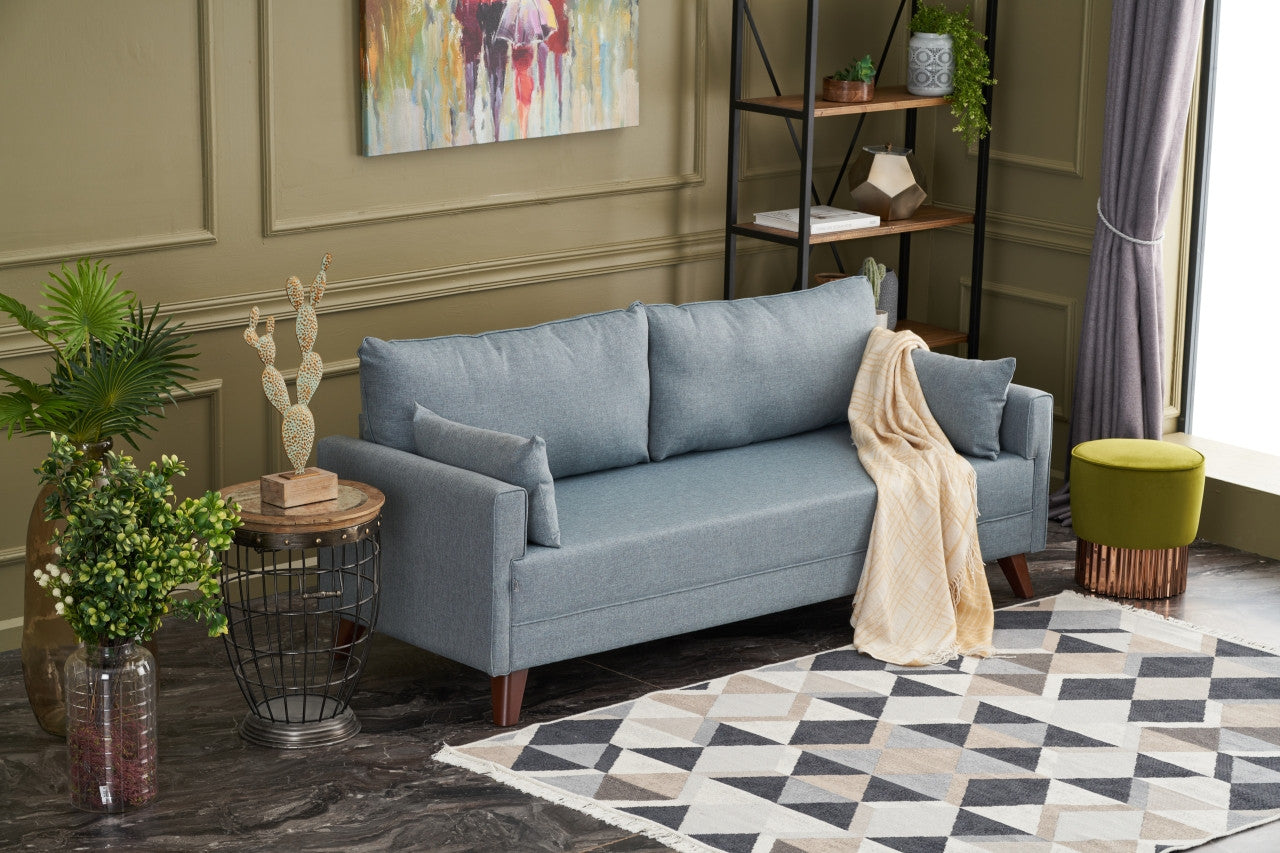 Sofá moderno de 3 lugares, azul, 208 cm | Estrutura em formato de árvore de abeto, 100% poliéster, tecido fácil de limpar | Design escandinavo elegante para residências e hotéis