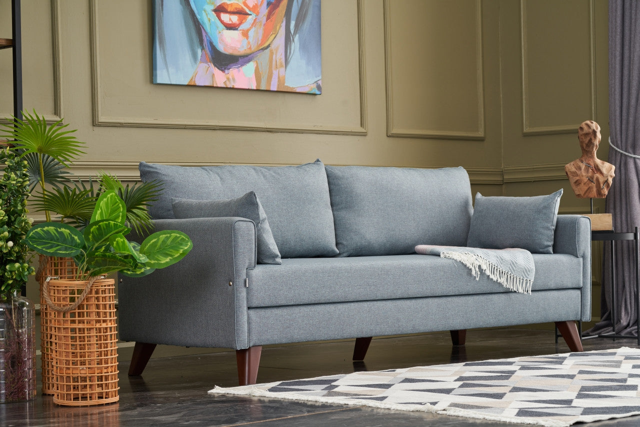 Sofá moderno de 3 lugares, azul, 208 cm | Estrutura em formato de árvore de abeto, 100% poliéster, tecido fácil de limpar | Design escandinavo elegante para residências e hotéis