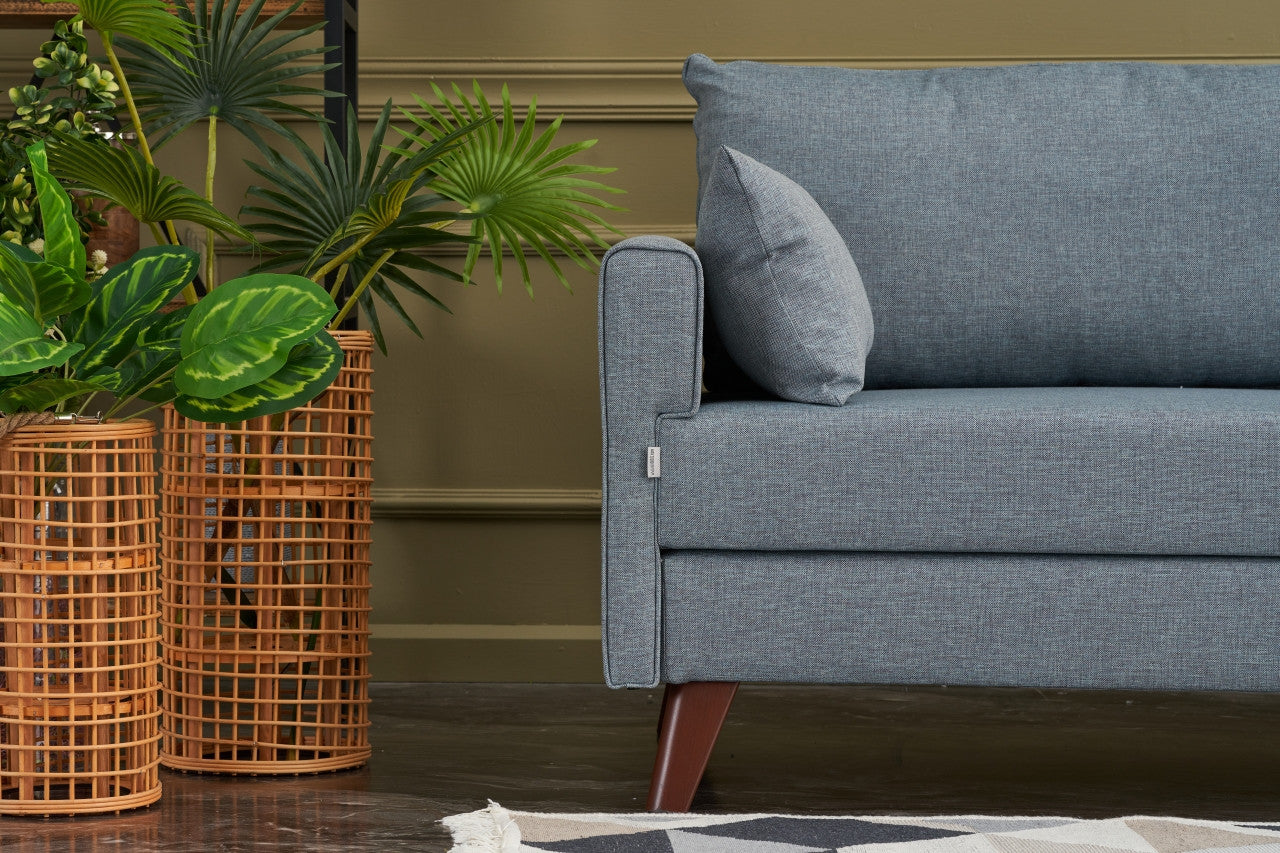 Sofá moderno de 3 lugares, azul, 208 cm | Estrutura em formato de árvore de abeto, 100% poliéster, tecido fácil de limpar | Design escandinavo elegante para residências e hotéis