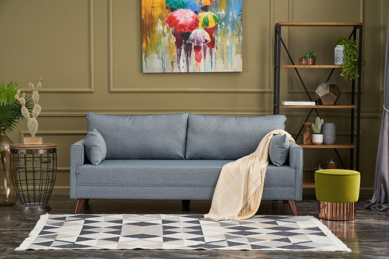 Sofá-cama moderno de 3 lugares, azul, estrutura de abeto, 208 cm | 100% poliéster, fácil de limpar, capacidade de 250 kg, tamanho da cama: 150 x 190 cm, elegante e funcional