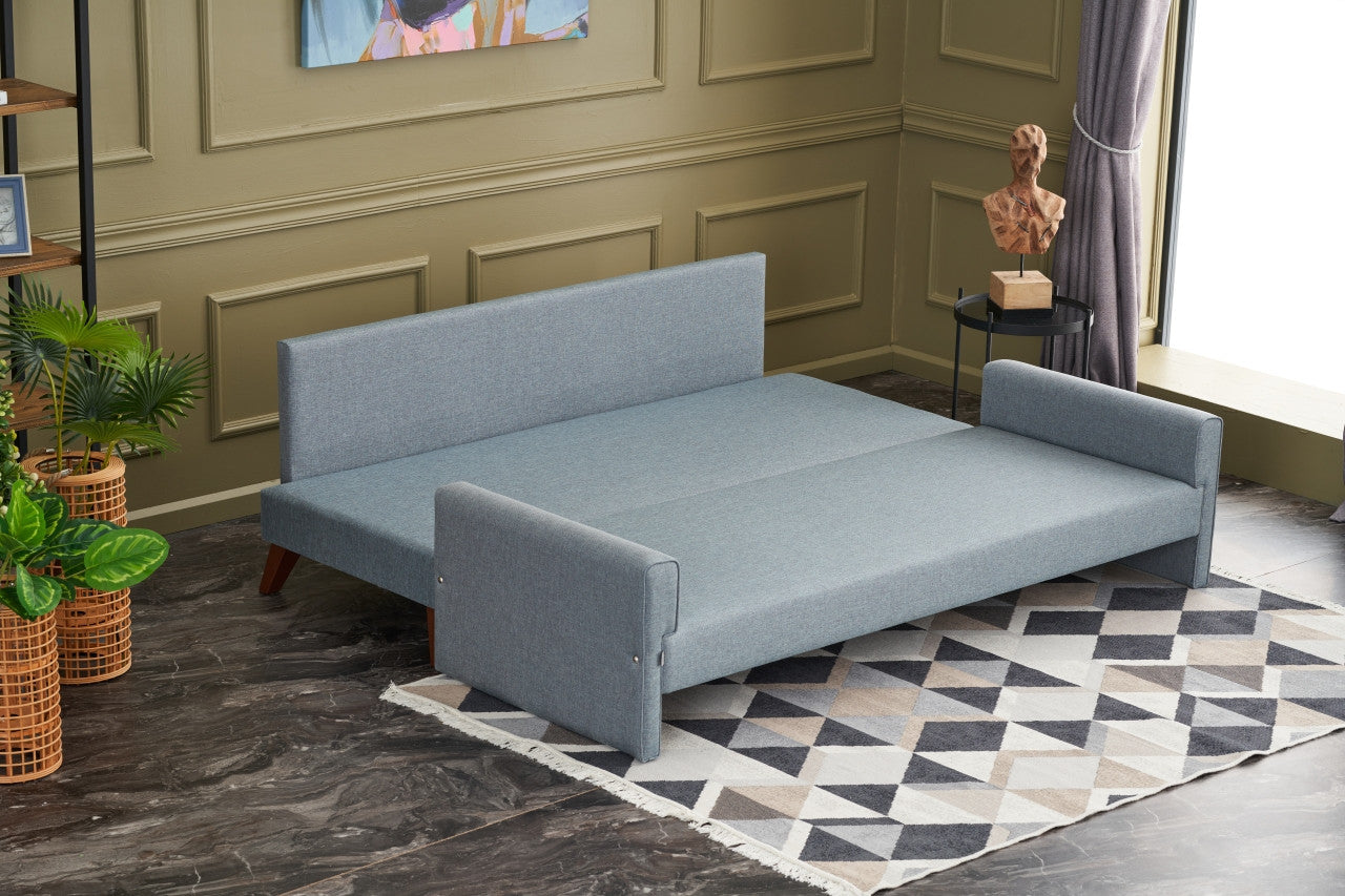 Sofá-cama moderno de 3 lugares, azul, estrutura de abeto, 208 cm | 100% poliéster, fácil de limpar, capacidade de 250 kg, tamanho da cama: 150 x 190 cm, elegante e funcional