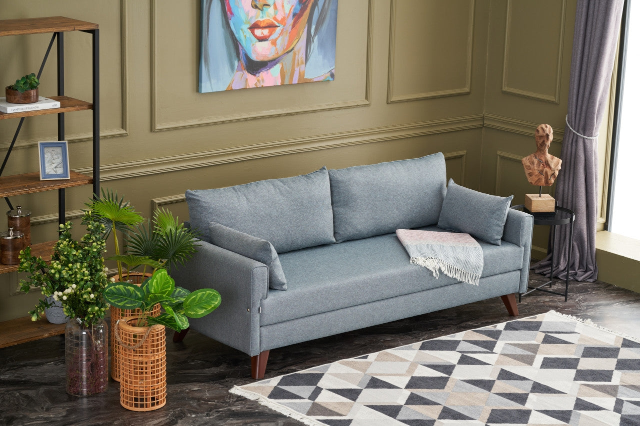 Sofá-cama moderno de 3 lugares, azul, estrutura de abeto, 208 cm | 100% poliéster, fácil de limpar, capacidade de 250 kg, tamanho da cama: 150 x 190 cm, elegante e funcional