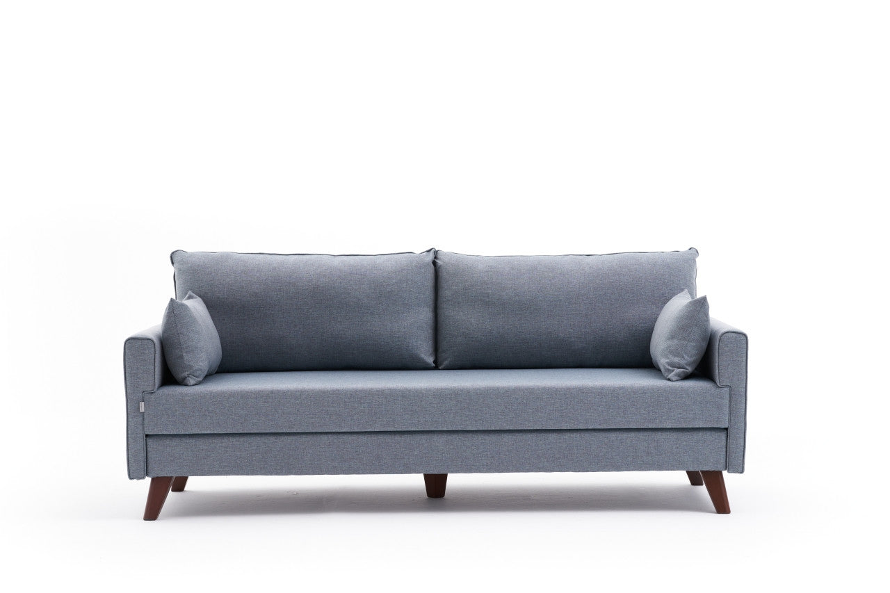 Sofá-cama moderno de 3 lugares, azul, estrutura de abeto, 208 cm | 100% poliéster, fácil de limpar, capacidade de 250 kg, tamanho da cama: 150 x 190 cm, elegante e funcional