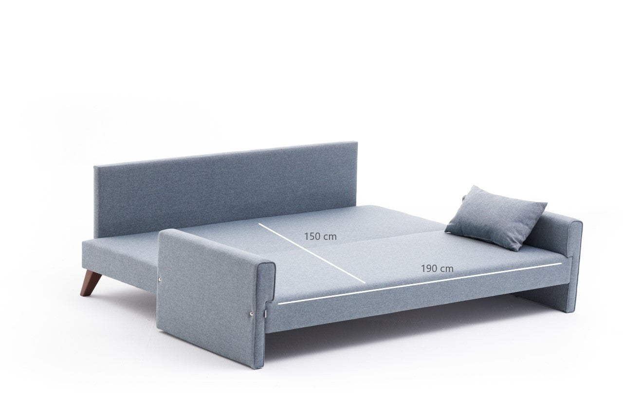 Sofá-cama moderno de 3 lugares, azul, estrutura de abeto, 208 cm | 100% poliéster, fácil de limpar, capacidade de 250 kg, tamanho da cama: 150 x 190 cm, elegante e funcional