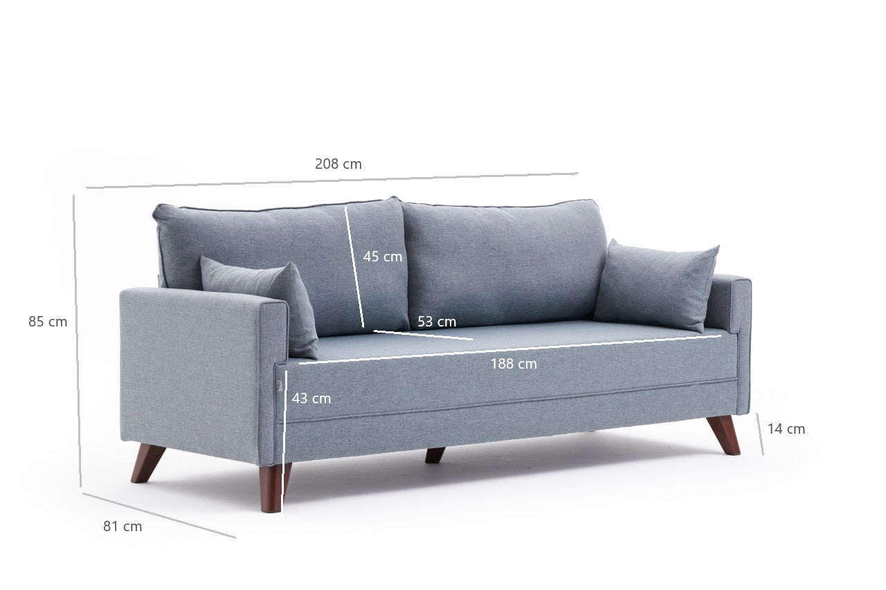 Sofá-cama moderno de 3 lugares, azul, estrutura de abeto, 208 cm | 100% poliéster, fácil de limpar, capacidade de 250 kg, tamanho da cama: 150 x 190 cm, elegante e funcional