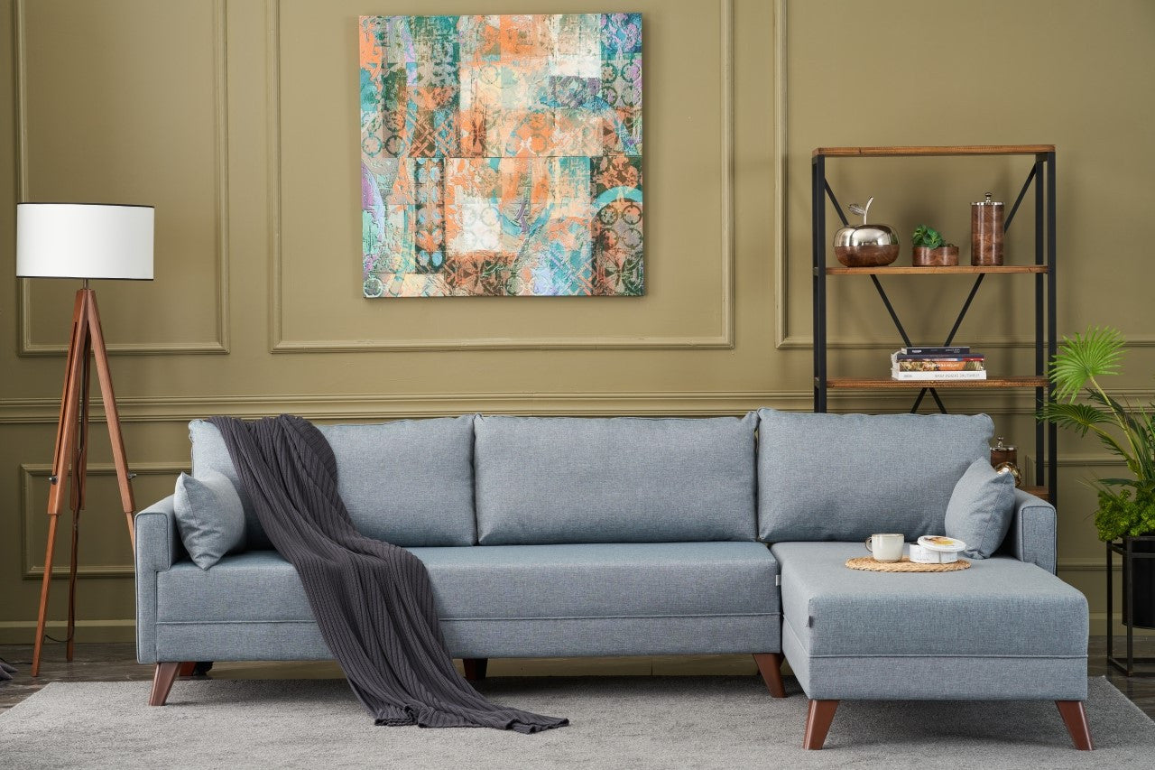 Sofá de Canto Moderno, Azul, 275 cm | Estrutura em formato de árvore de abeto, 100% poliéster, tecido de fácil limpeza, espuma 28 DNS, pernas de plástico | Design escandinavo elegante para sala de estar