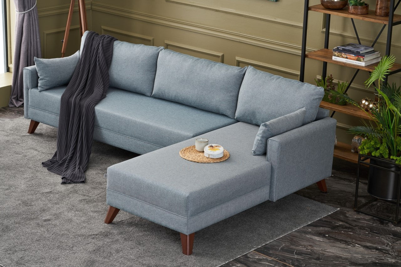 Sofá de Canto Moderno, Azul, 275 cm | Estrutura em formato de árvore de abeto, 100% poliéster, tecido de fácil limpeza, espuma 28 DNS, pernas de plástico | Design escandinavo elegante para sala de estar