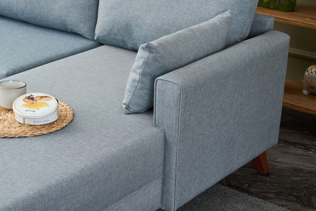 Sofá de Canto Moderno, Azul, 275 cm | Estrutura em formato de árvore de abeto, 100% poliéster, tecido de fácil limpeza, espuma 28 DNS, pernas de plástico | Design escandinavo elegante para sala de estar