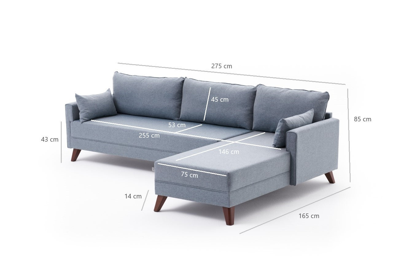 Sofá de Canto Moderno, Azul, 275 cm | Estrutura em formato de árvore de abeto, 100% poliéster, tecido de fácil limpeza, espuma 28 DNS, pernas de plástico | Design escandinavo elegante para sala de estar