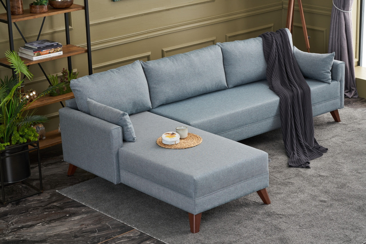 Sofá de Canto Moderno, Azul, 275 cm | Estrutura em formato de árvore de abeto, 100% poliéster, tecido de fácil limpeza, espuma 28 DNS, pernas de plástico | Design escandinavo elegante para sala de estar