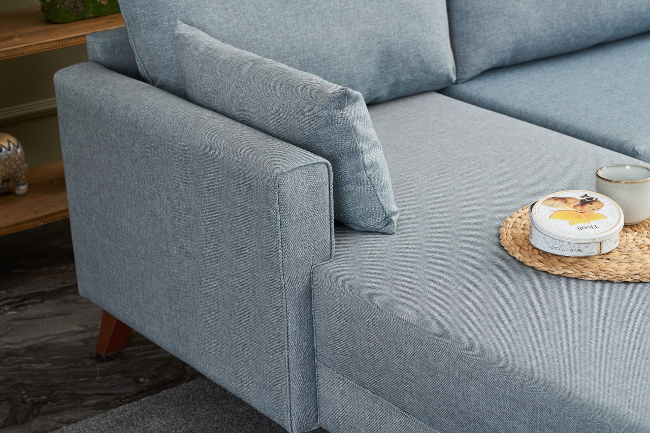 Sofá de Canto Moderno, Azul, 275 cm | Estrutura em formato de árvore de abeto, 100% poliéster, tecido de fácil limpeza, espuma 28 DNS, pernas de plástico | Design escandinavo elegante para sala de estar