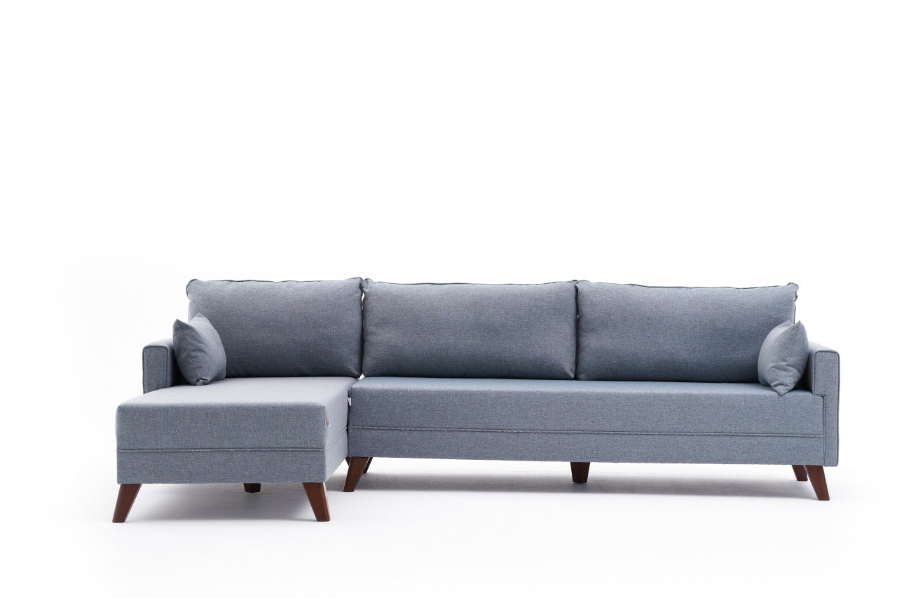 Sofá de Canto Moderno, Azul, 275 cm | Estrutura em formato de árvore de abeto, 100% poliéster, tecido de fácil limpeza, espuma 28 DNS, pernas de plástico | Design escandinavo elegante para sala de estar