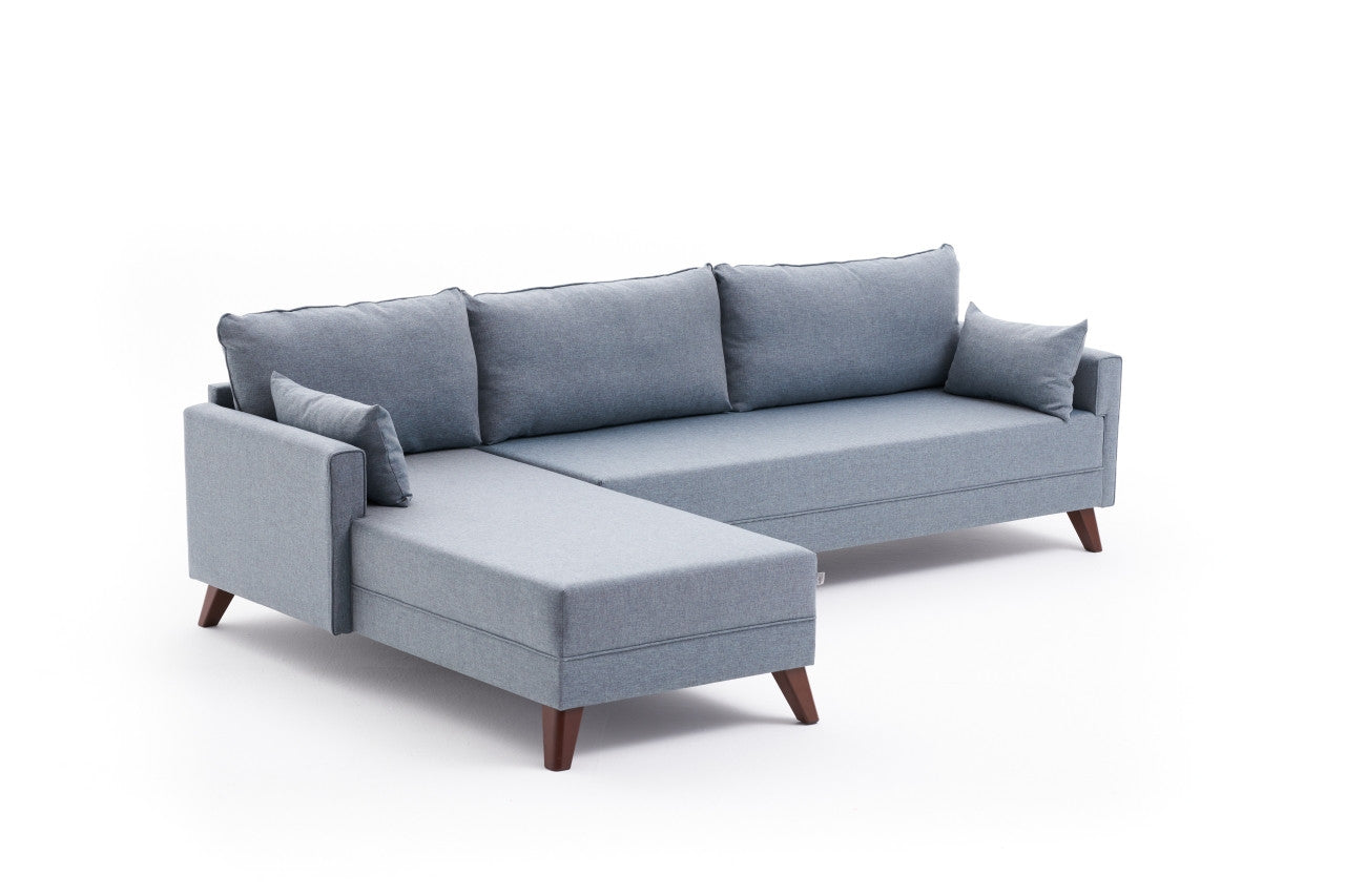Sofá de Canto Moderno, Azul, 275 cm | Estrutura em formato de árvore de abeto, 100% poliéster, tecido de fácil limpeza, espuma 28 DNS, pernas de plástico | Design escandinavo elegante para sala de estar