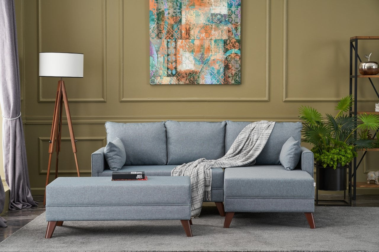 Sofá-cama de canto moderno, azul, 205 x 85 x 140 cm | Estrutura em formato de árvore de abeto, 100% poliéster, fácil de limpar | Inclui pufe e cama confortável de 190 x 140 cm