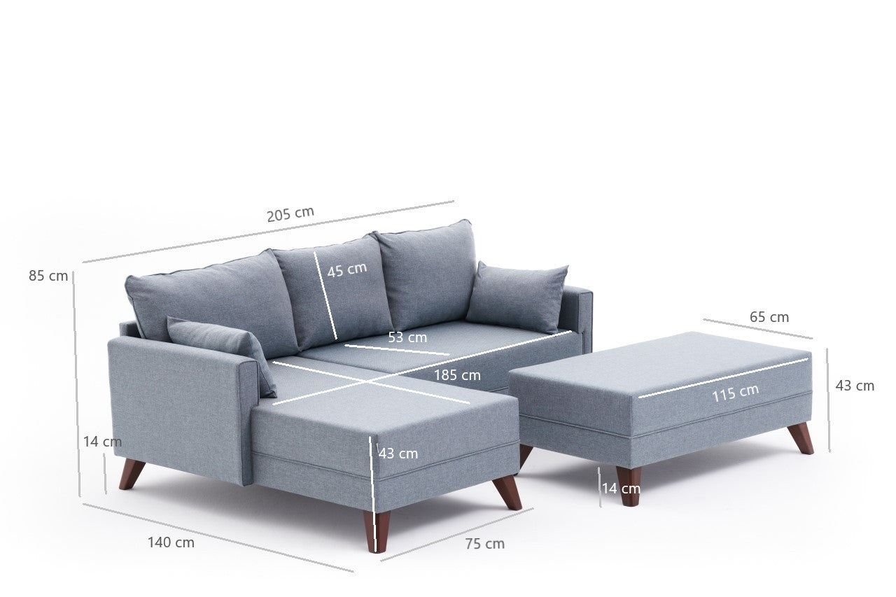 Sofá-cama de canto moderno, azul, 205 x 85 x 140 cm | Estrutura em formato de árvore de abeto, 100% poliéster, fácil de limpar | Inclui pufe e cama confortável de 190 x 140 cm
