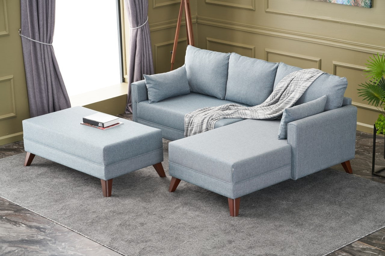 Sofá-cama de canto moderno, azul, 205 x 85 x 140 cm | Estrutura em formato de árvore de abeto, 100% poliéster, fácil de limpar | Inclui pufe e cama confortável de 190 x 140 cm