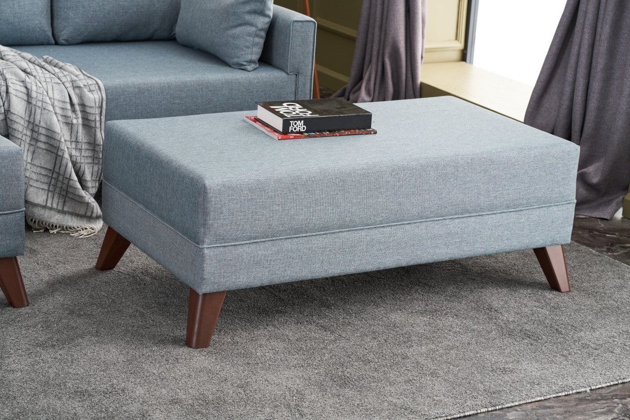 Sofá-cama de canto moderno, azul, 205 x 85 x 140 cm | Estrutura em formato de árvore de abeto, 100% poliéster, fácil de limpar | Inclui pufe e cama confortável de 190 x 140 cm