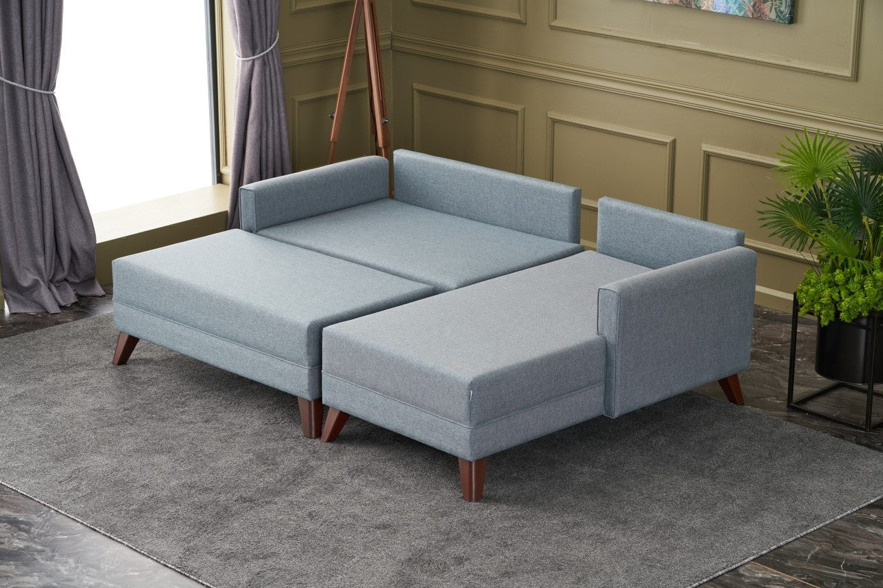Sofá-cama de canto moderno, azul, 205 x 85 x 140 cm | Estrutura em formato de árvore de abeto, 100% poliéster, fácil de limpar | Inclui pufe e cama confortável de 190 x 140 cm