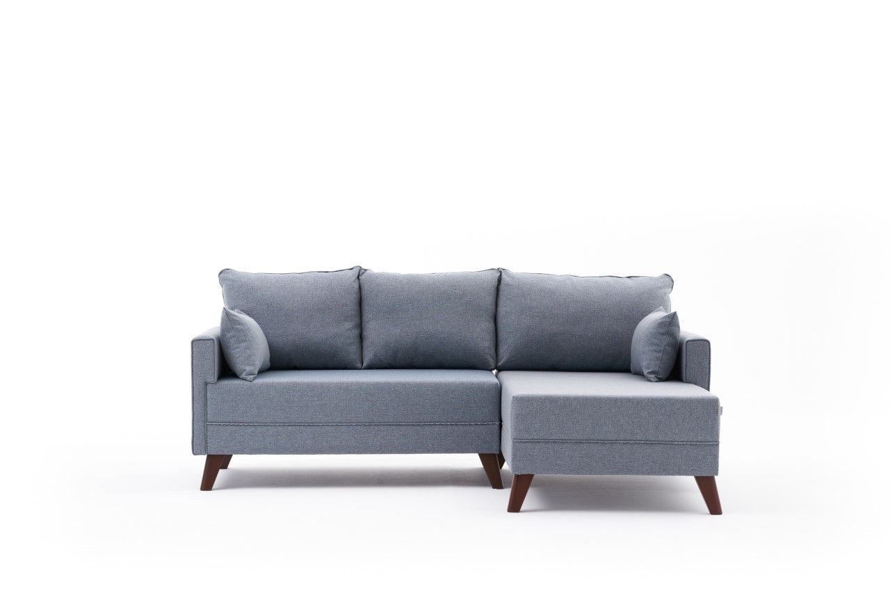 Sofá-cama de canto moderno, azul, 205 x 85 x 140 cm | Estrutura em formato de árvore de abeto, 100% poliéster, fácil de limpar | Inclui pufe e cama confortável de 190 x 140 cm