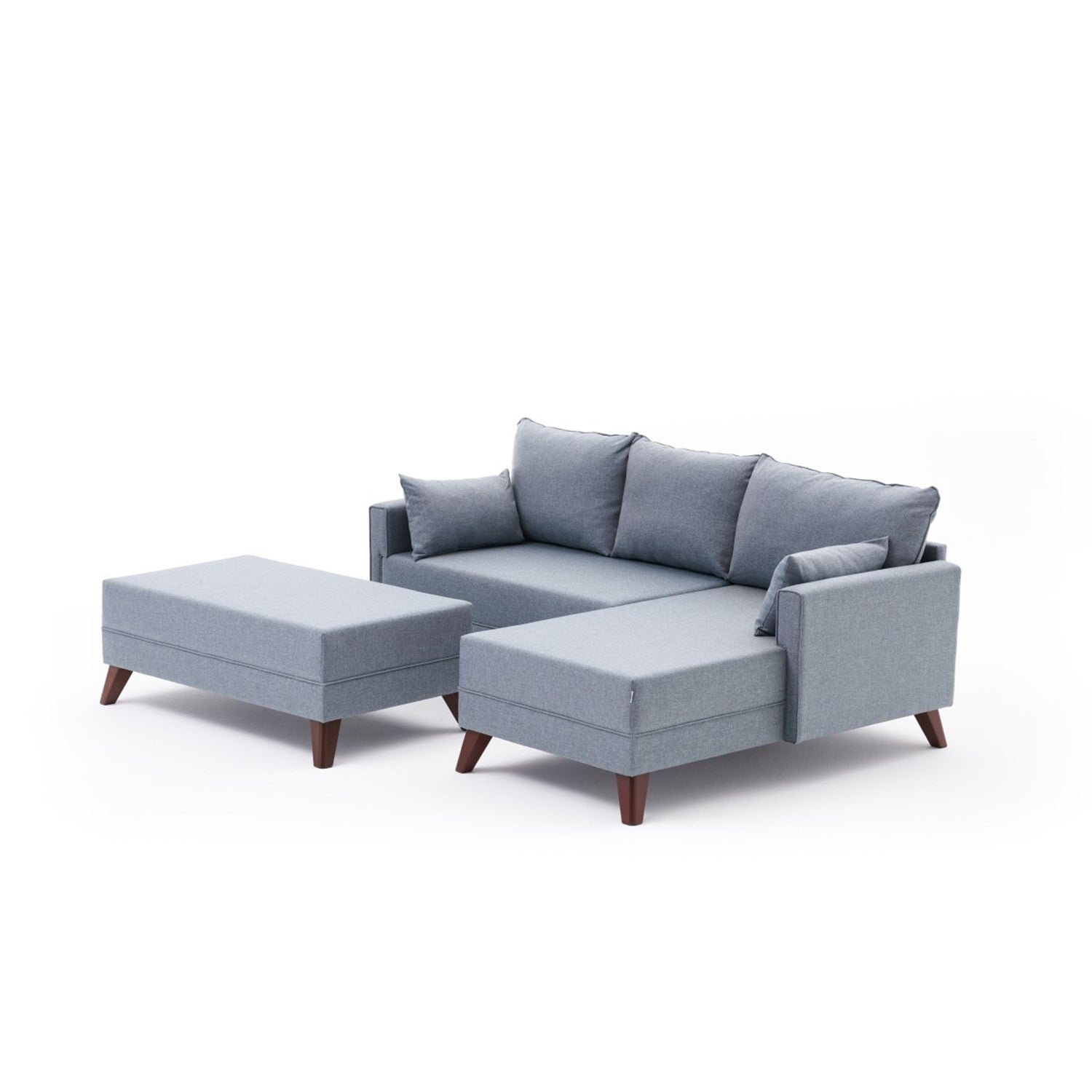 Sofá-cama de canto moderno, azul, 205 x 85 x 140 cm | Estrutura em formato de árvore de abeto, 100% poliéster, fácil de limpar | Inclui pufe e cama confortável de 190 x 140 cm