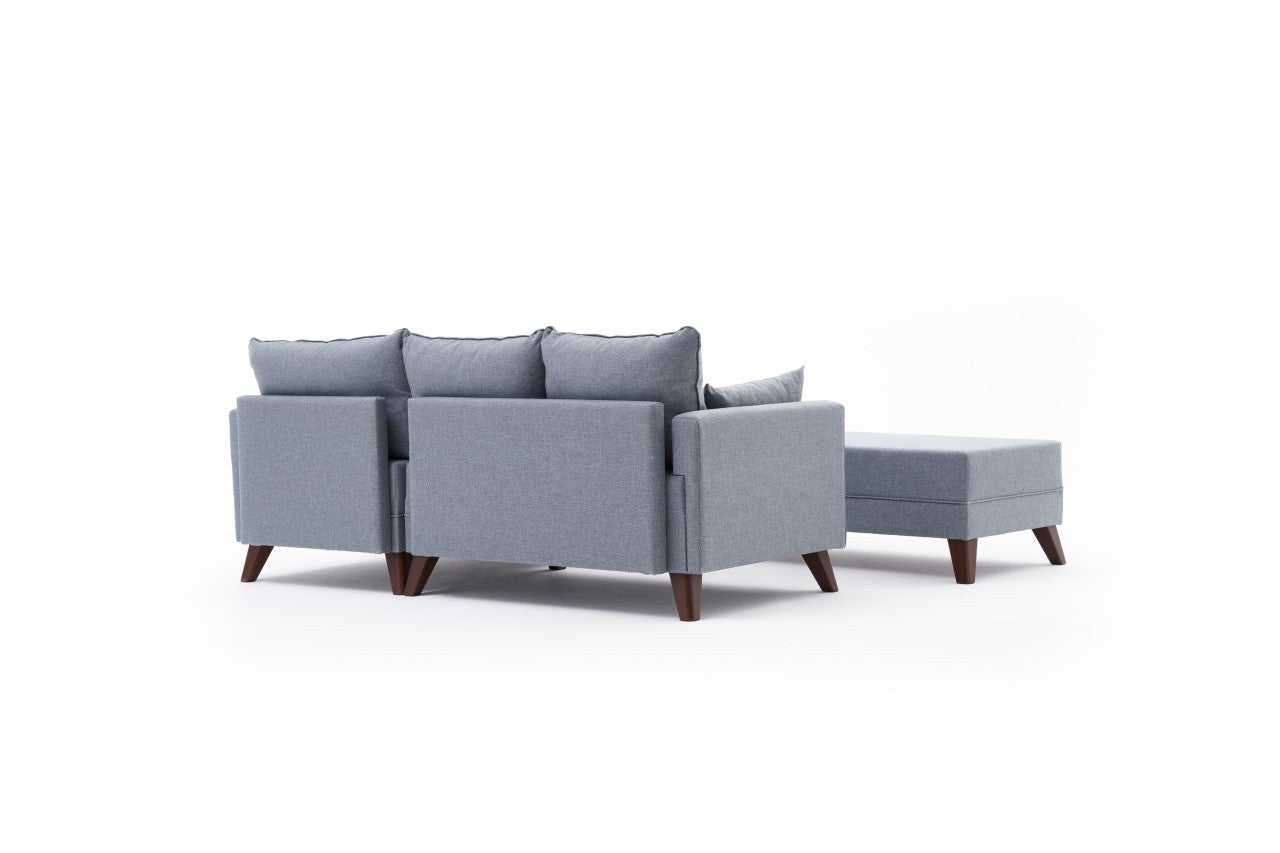 Sofá-cama de canto moderno, azul, 205 x 85 x 140 cm | Estrutura em formato de árvore de abeto, 100% poliéster, fácil de limpar | Inclui pufe e cama confortável de 190 x 140 cm