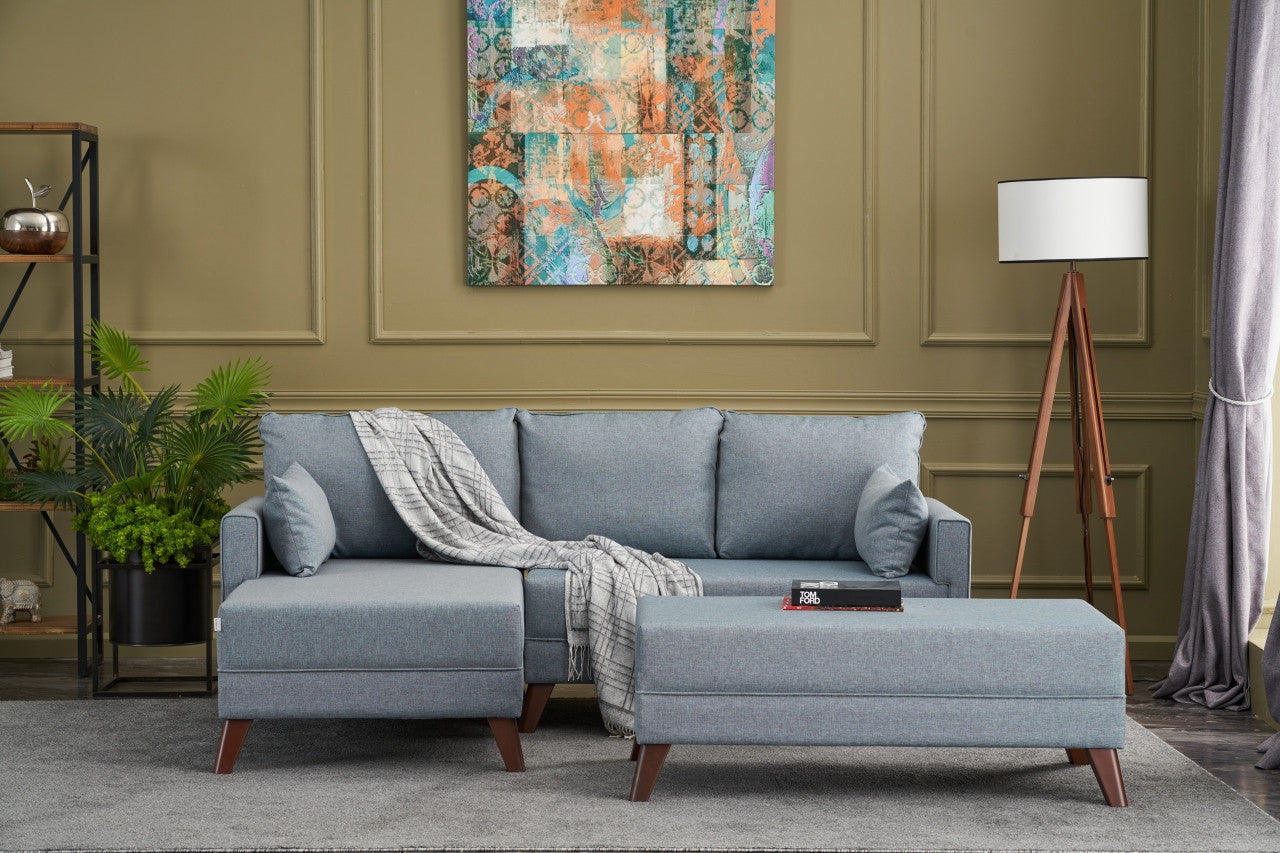 Sofá-cama de canto moderno, azul, 205 x 85 x 140 cm | Estrutura em formato de árvore de abeto, 100% poliéster, fácil de limpar | Inclui pufe e cama confortável de 190 x 140 cm