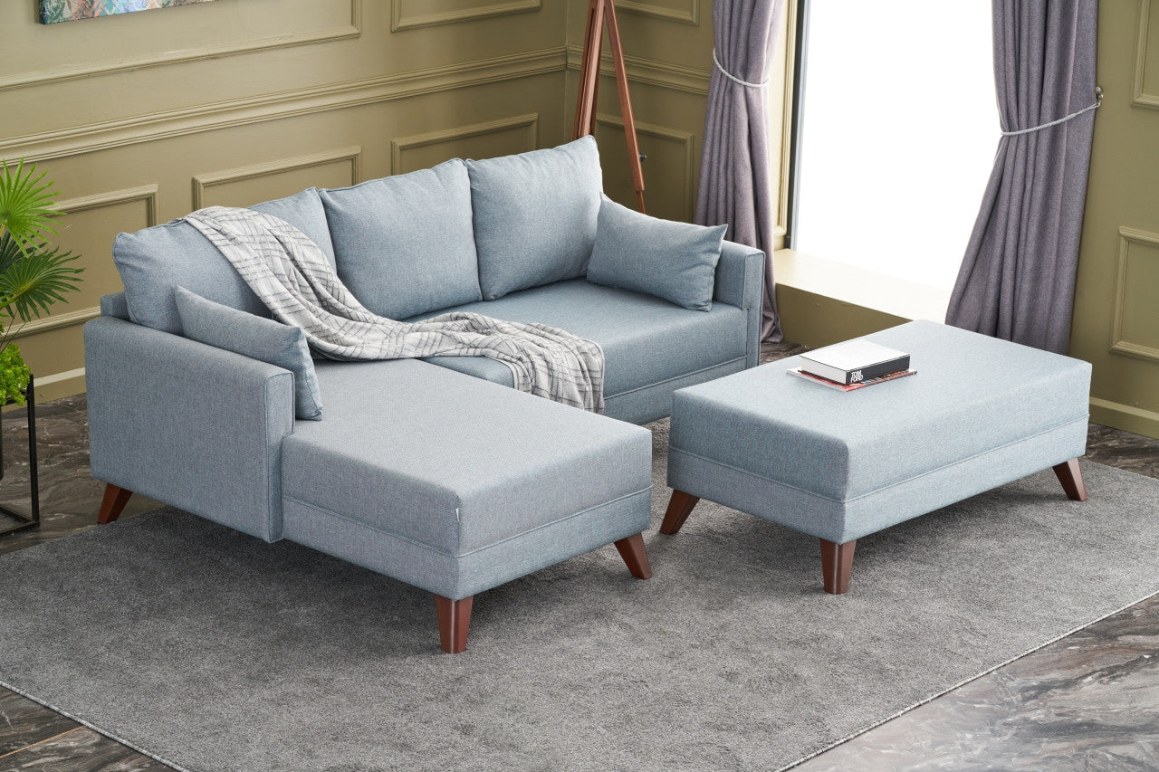 Sofá-cama de canto moderno, azul, 205 x 85 x 140 cm | Estrutura em formato de árvore de abeto, 100% poliéster, fácil de limpar | Inclui pufe e cama confortável de 190 x 140 cm