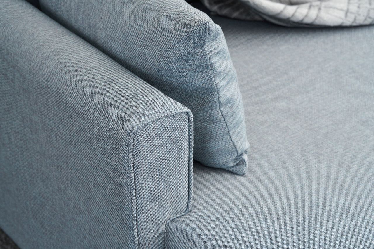Sofá-cama de canto moderno, azul, 205 x 85 x 140 cm | Estrutura em formato de árvore de abeto, 100% poliéster, fácil de limpar | Inclui pufe e cama confortável de 190 x 140 cm