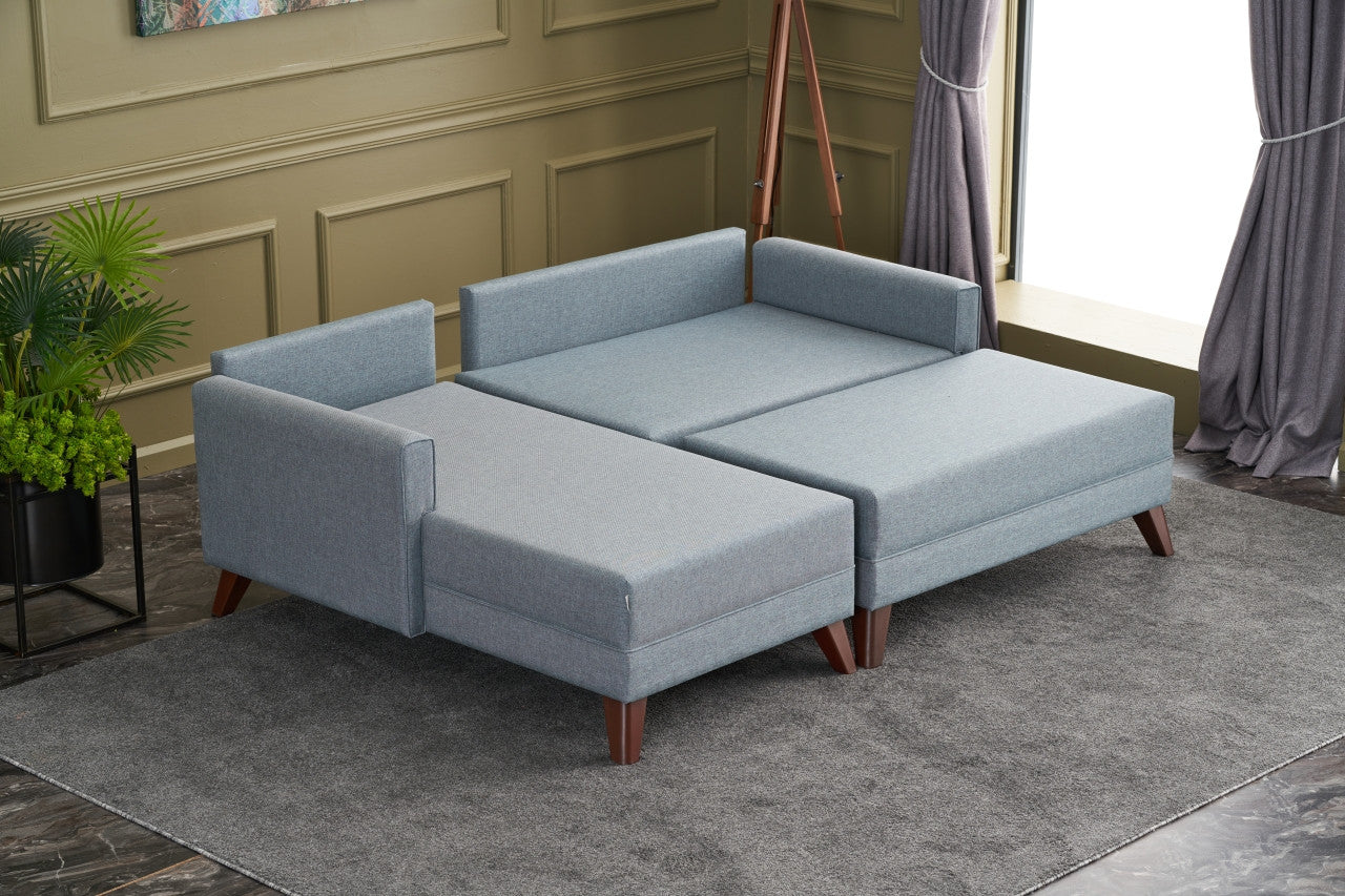Sofá-cama de canto moderno, azul, 205 x 85 x 140 cm | Estrutura em formato de árvore de abeto, 100% poliéster, fácil de limpar | Inclui pufe e cama confortável de 190 x 140 cm