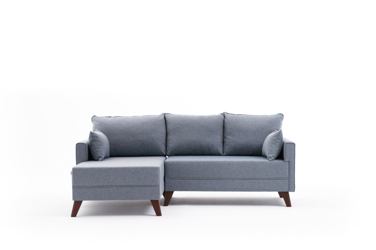 Sofá-cama de canto moderno, azul, 205 x 85 x 140 cm | Estrutura em formato de árvore de abeto, 100% poliéster, fácil de limpar | Inclui pufe e cama confortável de 190 x 140 cm
