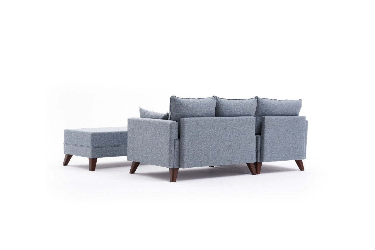 Sofá-cama de canto moderno, azul, 205 x 85 x 140 cm | Estrutura em formato de árvore de abeto, 100% poliéster, fácil de limpar | Inclui pufe e cama confortável de 190 x 140 cm