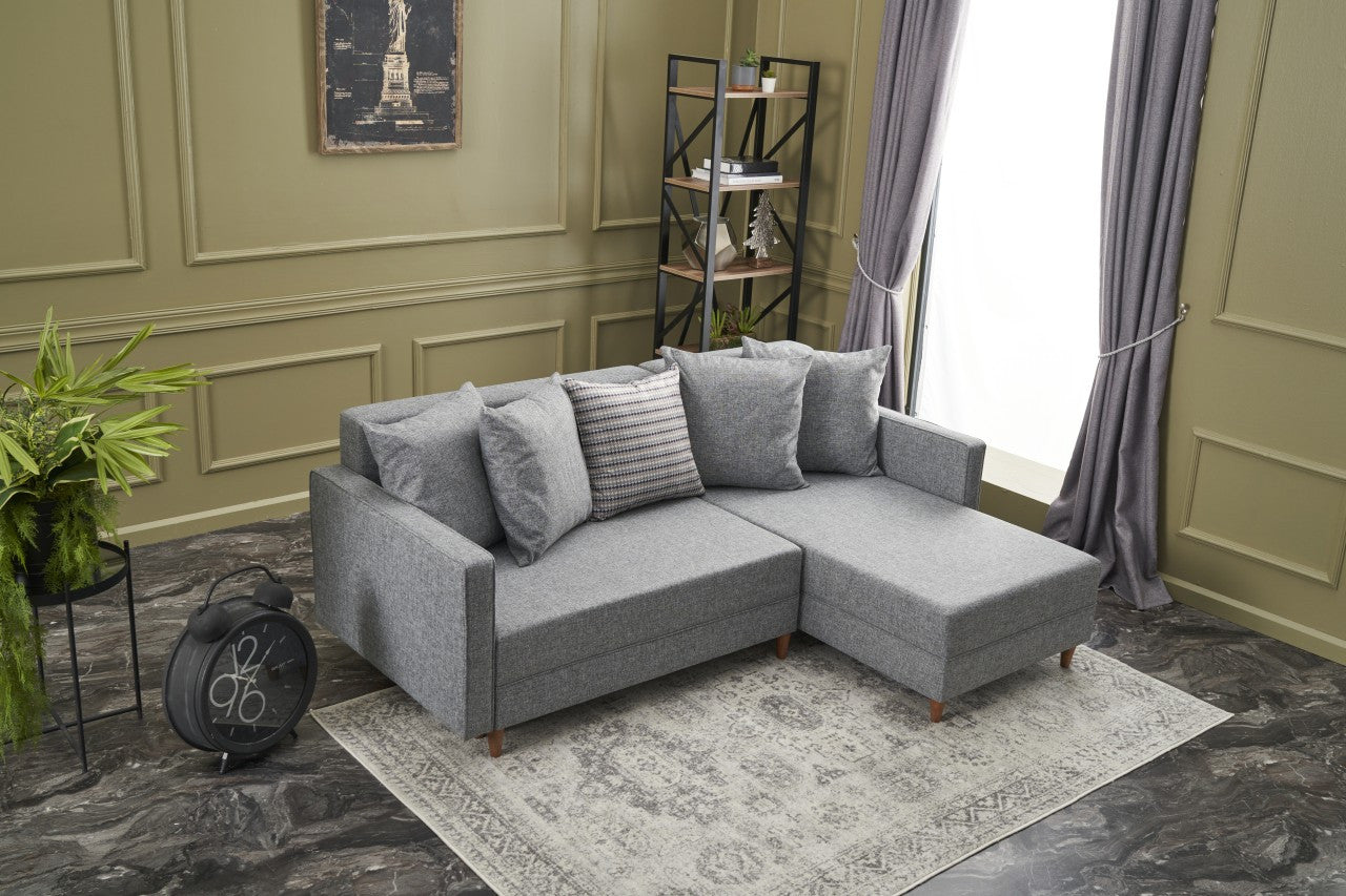 Sofá-cama de canto moderno, cinza, estrutura de madeira de faia, 215 cm | 100% poliéster, fácil de limpar, inclui almofadas | Perfeito para espaços de estar elegantes