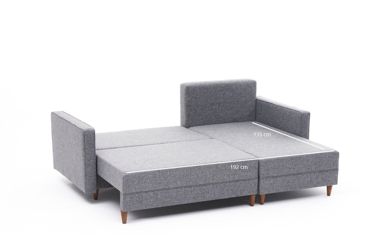 Sofá-cama de canto moderno, cinza, estrutura de madeira de faia, 215 cm | 100% poliéster, fácil de limpar, inclui almofadas | Perfeito para espaços de estar elegantes