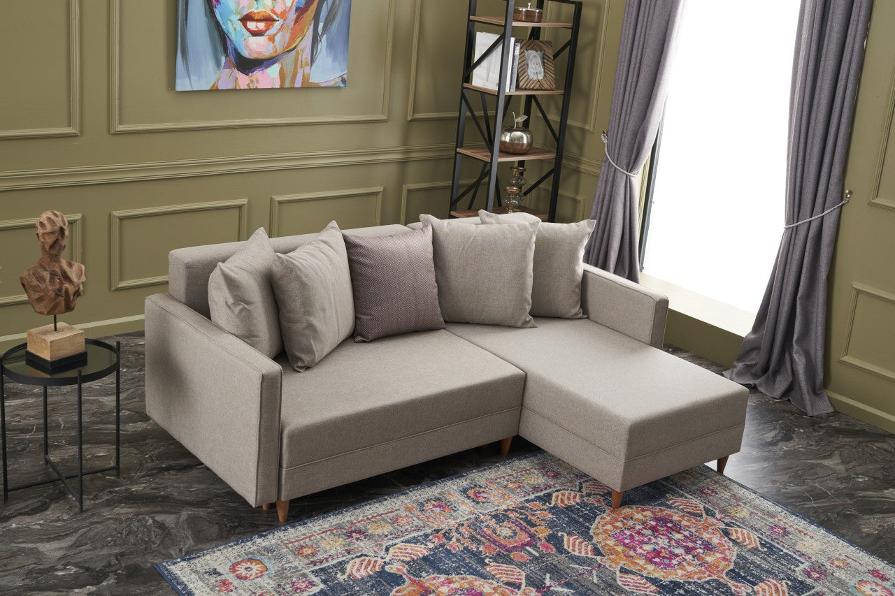 Sofá-cama de canto moderno, creme, estrutura de madeira de faia, 215 x 150 x 80 cm | 100% poliéster, fácil de limpar, inclui almofadas | Design escandinavo elegante