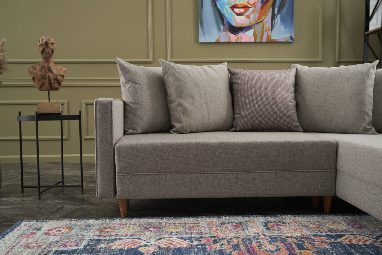 Sofá-cama de canto moderno, creme, estrutura de madeira de faia, 215 x 150 x 80 cm | 100% poliéster, fácil de limpar, inclui almofadas | Design escandinavo elegante