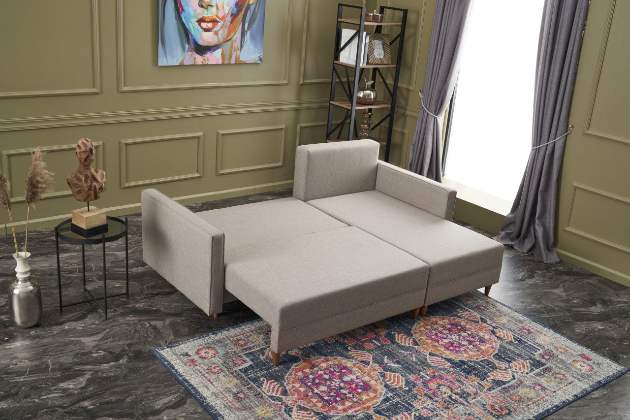 Sofá-cama de canto moderno, creme, estrutura de madeira de faia, 215 x 150 x 80 cm | 100% poliéster, fácil de limpar, inclui almofadas | Design escandinavo elegante