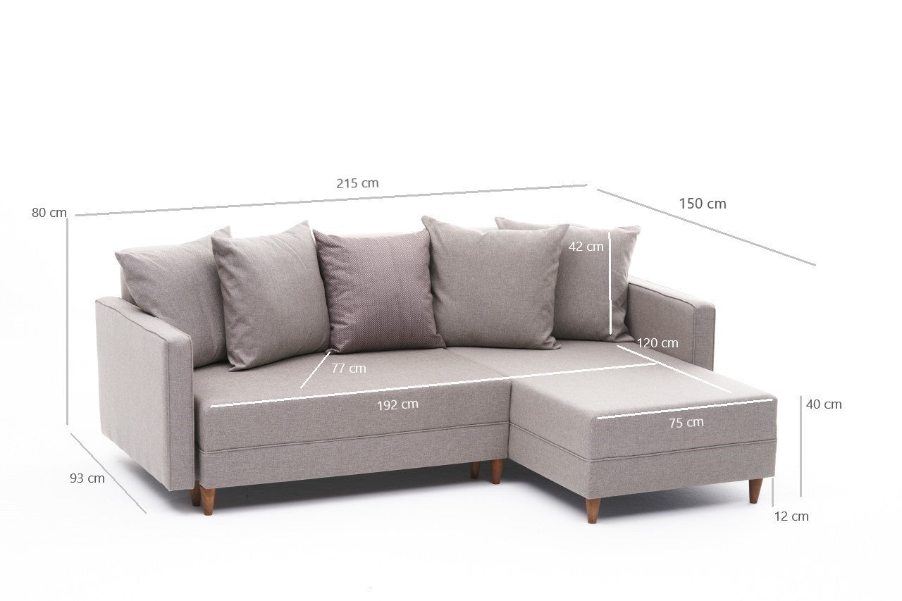 Sofá-cama de canto moderno, creme, estrutura de madeira de faia, 215 x 150 x 80 cm | 100% poliéster, fácil de limpar, inclui almofadas | Design escandinavo elegante