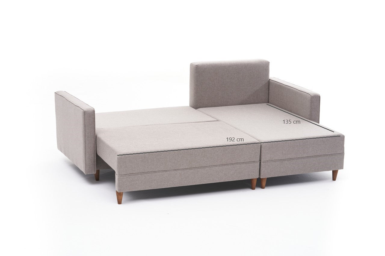 Sofá-cama de canto moderno, creme, estrutura de madeira de faia, 215 x 150 x 80 cm | 100% poliéster, fácil de limpar, inclui almofadas | Design escandinavo elegante